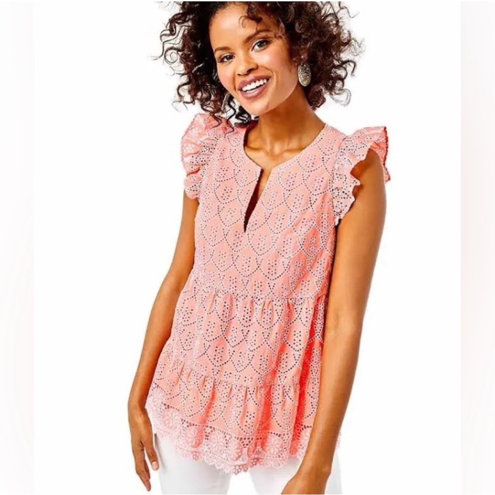 Lilly Pulitzer Peach Hyacinth Floral Arch Eyelet Keila Blouse- Size 12